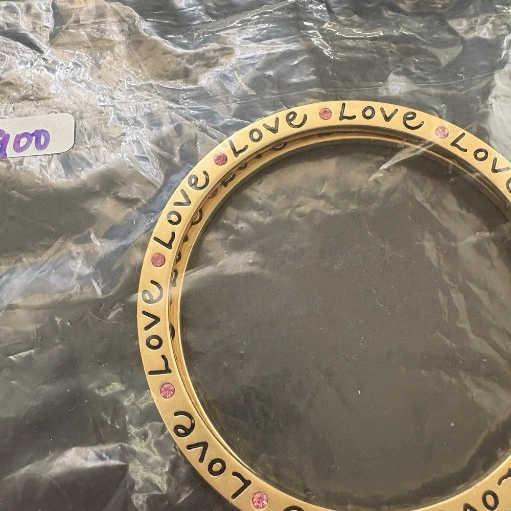 Vintage Bangle Bracelet Set Love Pink Stones Gold Tone Matte and Shiny 8.25